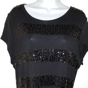 INC Black Sequin Striped T-shirt